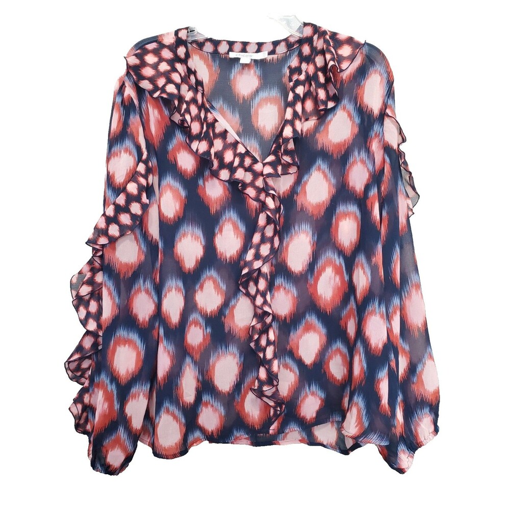 Chicos Marquis Ikat Ruffle V-Neck Blouse Semi-Sheer Chiffon Size 2.5 (14)